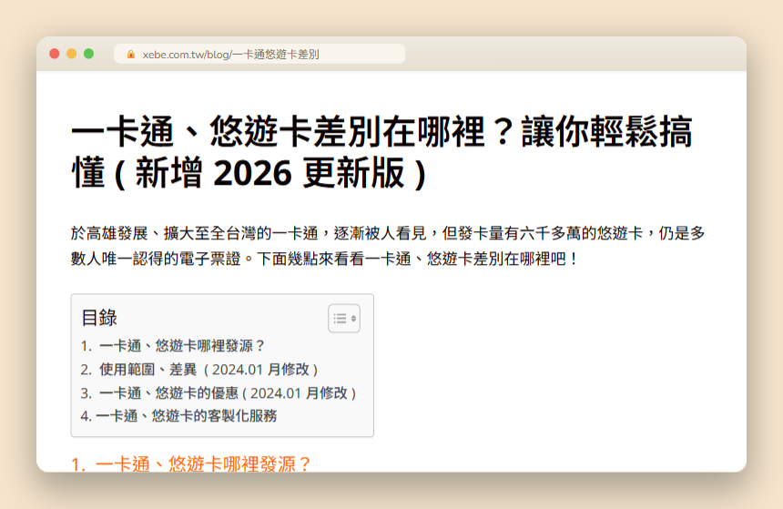 2017 年發布的一卡通悠遊卡比較文章,含目錄與四段章節結構